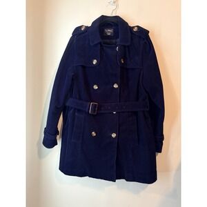 L L Bean Trench Coat Womens Large Navy Blue Corduroy Double Breasted Belted City